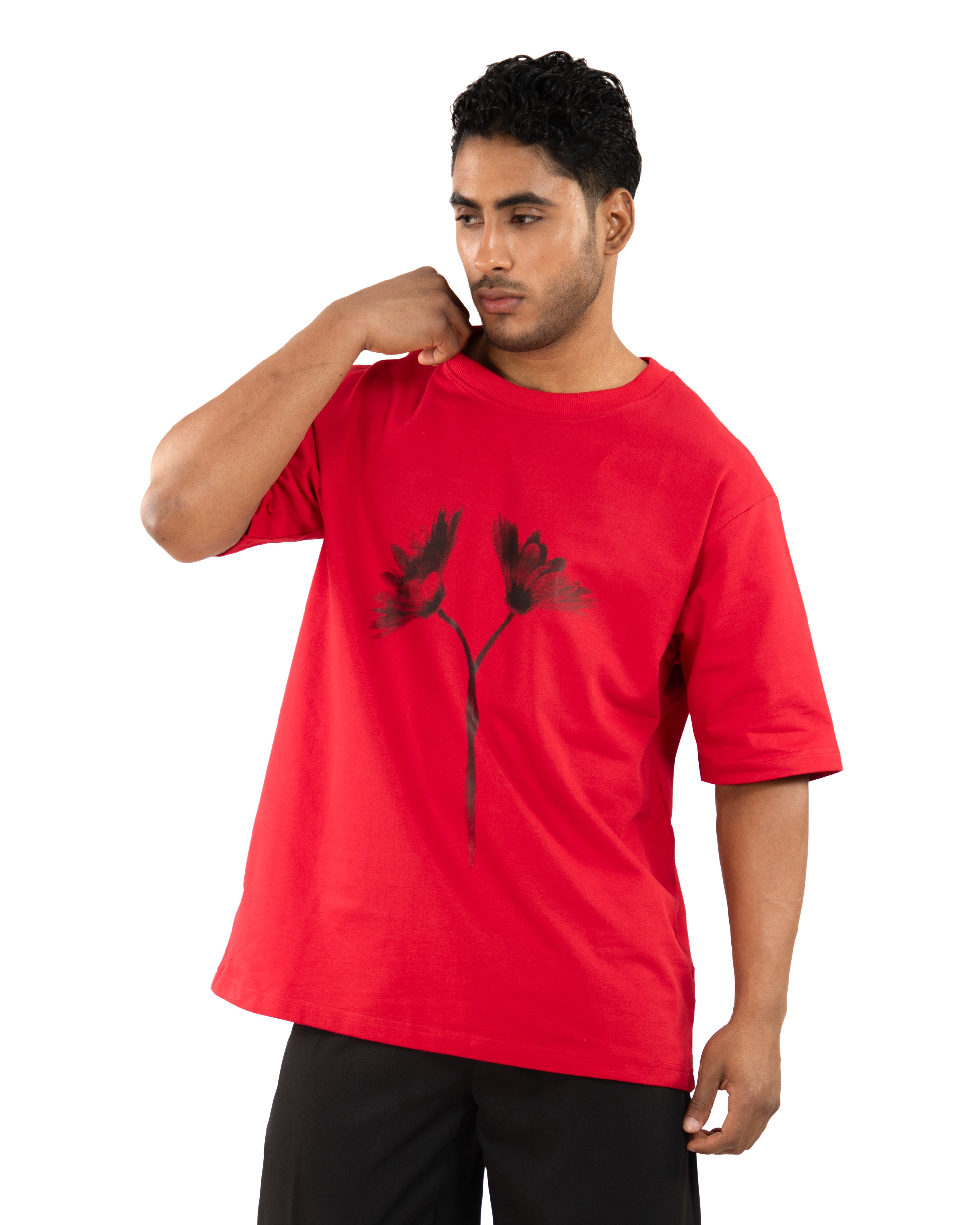 "Men Daisy Floral Red Oversized T Shirt front view"